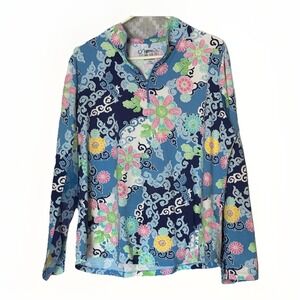 IBKUL Floral Paisley Zip Top Womens XXL Blue Golf Sun Shirt UPF 50 Resort Preppy